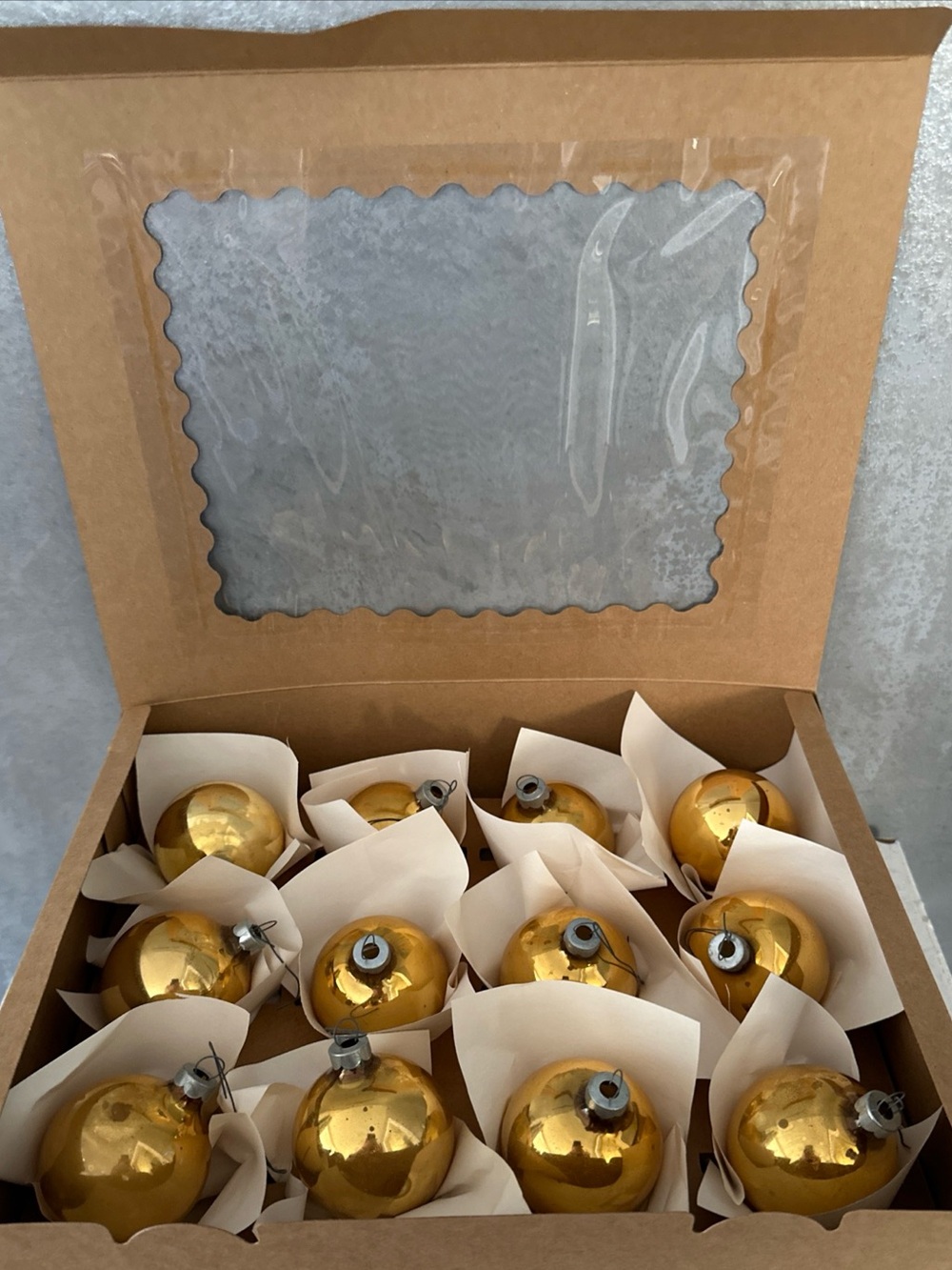 BOX OF 12 VINTAGE MERCURY GLASS CORNING "SHINY BRITE" GOLD BULBS BALLS